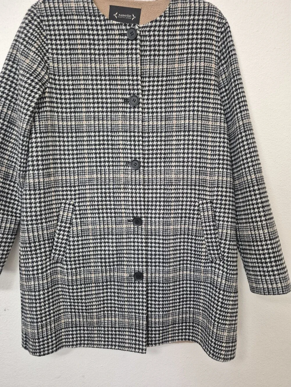 Nanette Lepore Black & White Houndstooth Plaid Wool Blend Collarless Coat
